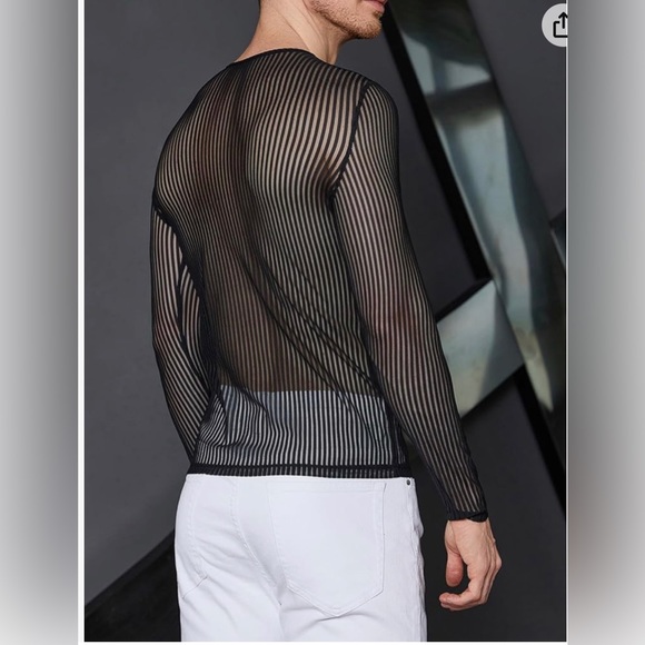 Men's Sheer Mesh See Through Notched V Neck Long Sleeve T Shirt Party Tops - Picture 5 of 7